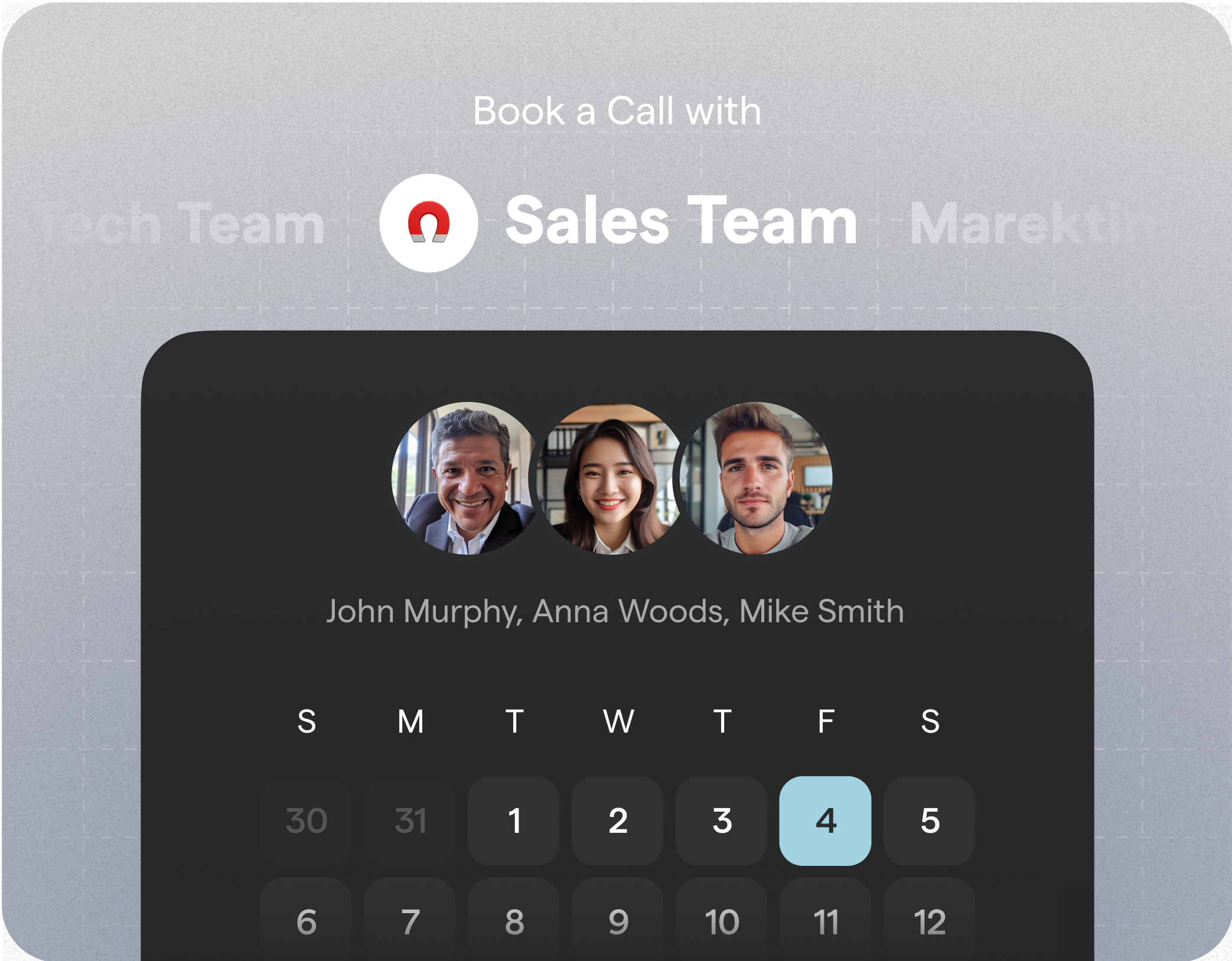 A bookable group calendar for a sales team consisting of John Murphy, Anna Woods, Mike Smith